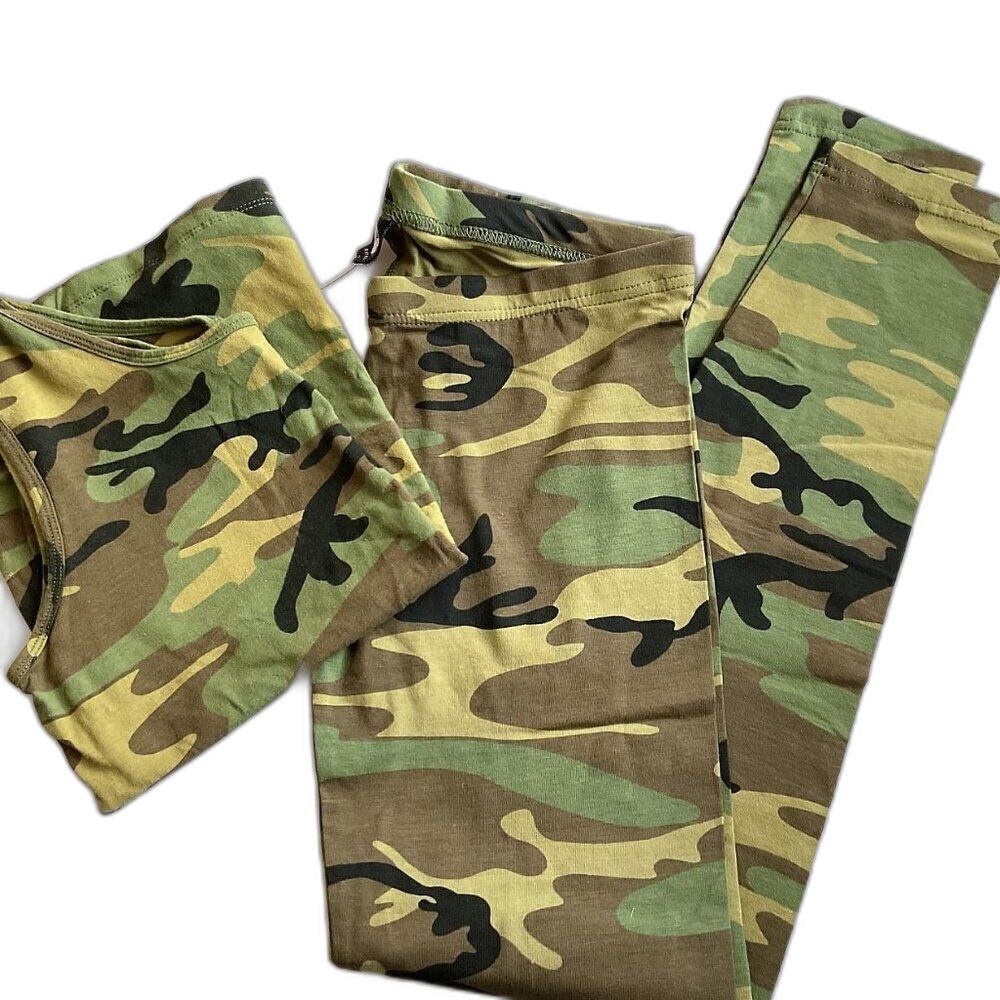 2 Piece Camo Legging & Tank Top Gym Workout Casual Yoga Loungewear M Green